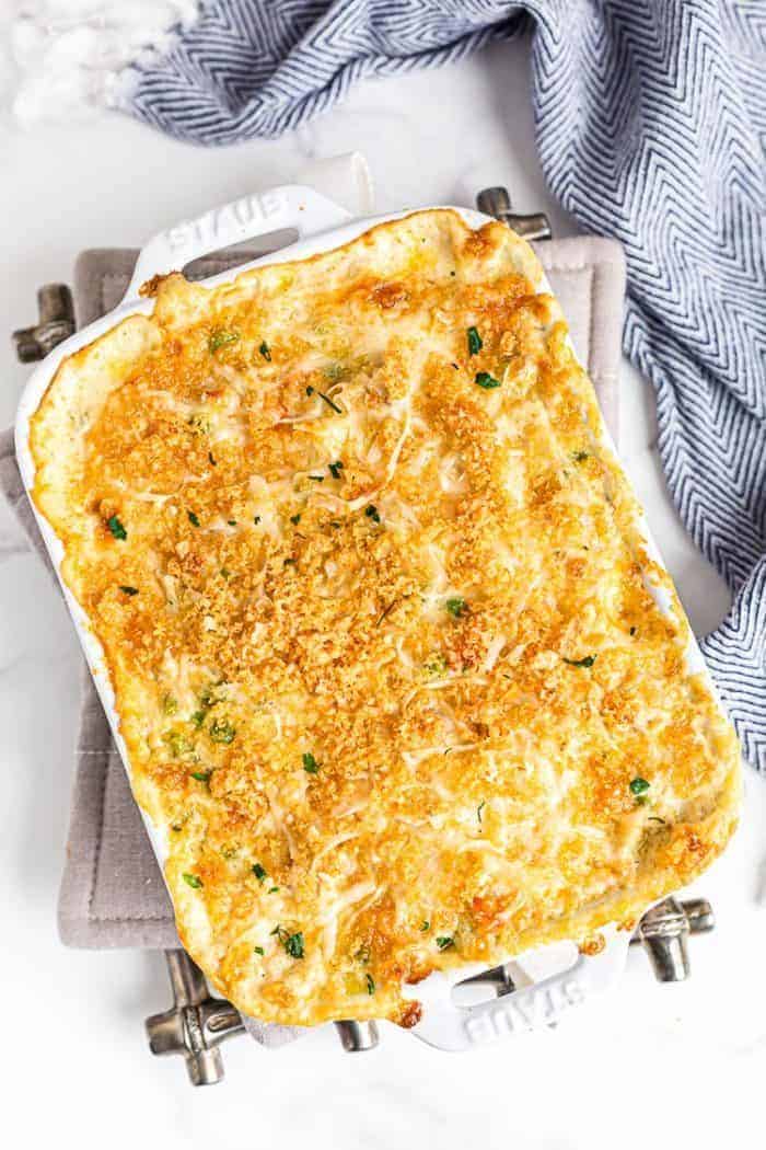 overhead view of keto tuna casserole in a casserole dish