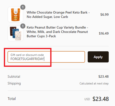 choczero coupon code being entered into checkout screen