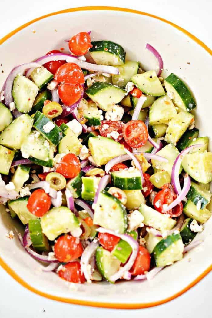 overhead view of keto greek salad in a large bowl