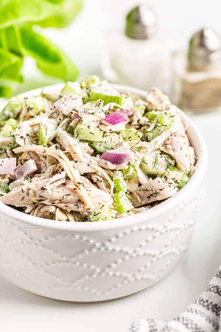 white bowl of keto chicken salad