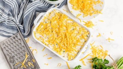 overhead view of cauliflower and cheese casserole in a casserole dish