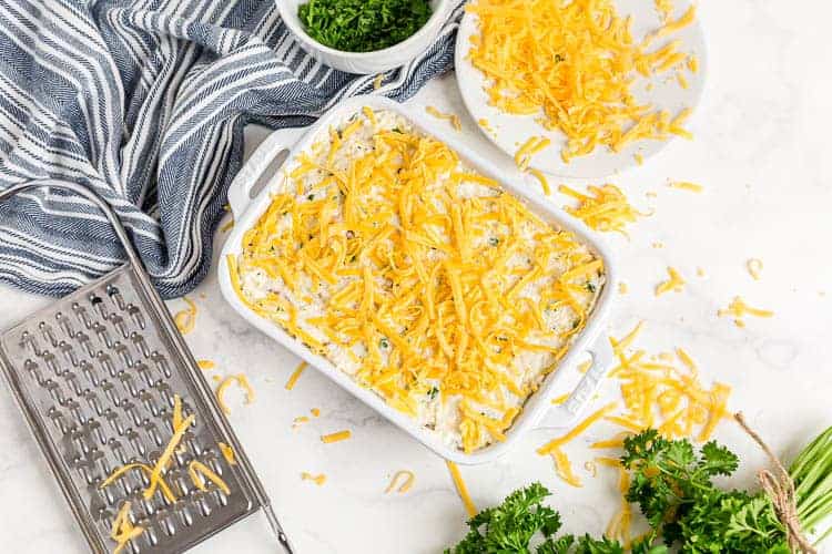 overhead view of cauliflower and cheese casserole in a casserole dish