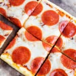 overhead view of six slices of keto pepperoni pizza