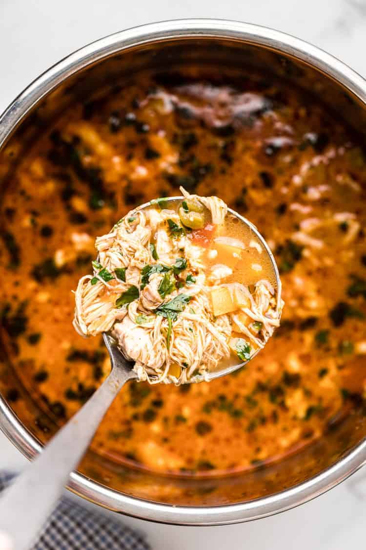 spoon holding up keto chicken enchilada soup over instant pot
