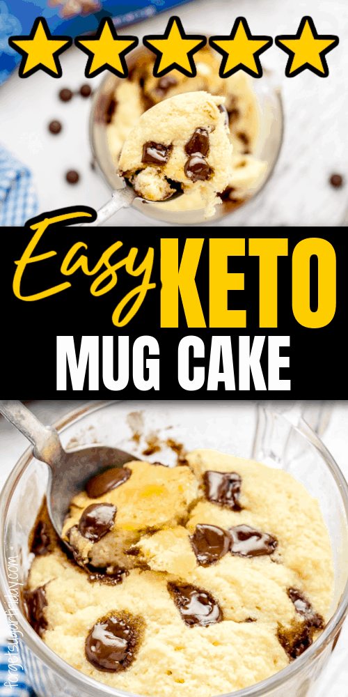 easy keto mug cake banner with chocolate chip mug cake in glass serving dish with five gold stars banner at the top