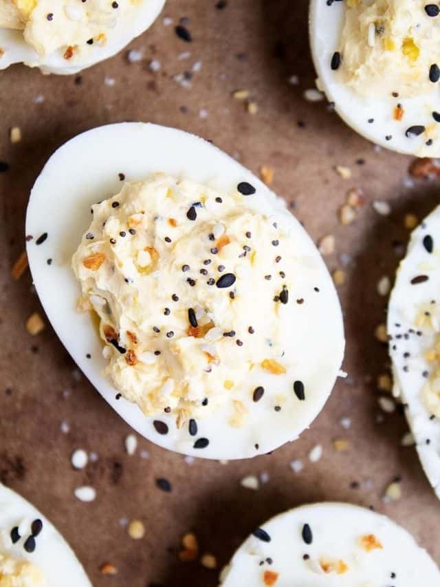 closeup of keto deviled eggs on a baking sheet