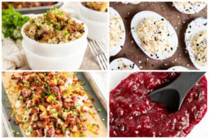 collage of four keto thanksgiving sides, stuffing, eggs, roasted radishes, cranberry sauce
