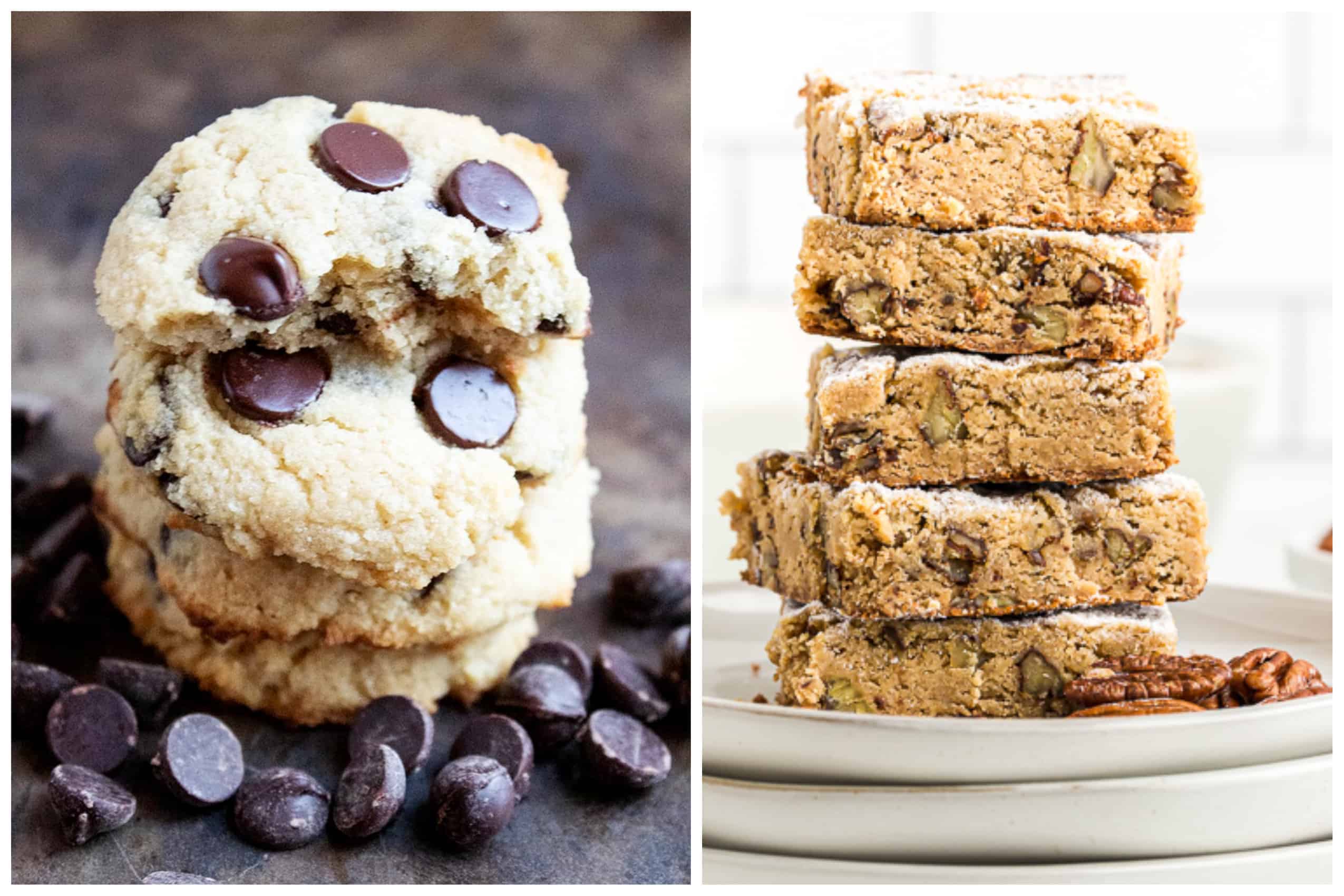 two side-by-side photos of keto cookies and keto cookie bars