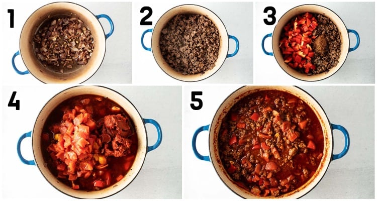 collage of photos with chili in various stages of cooking