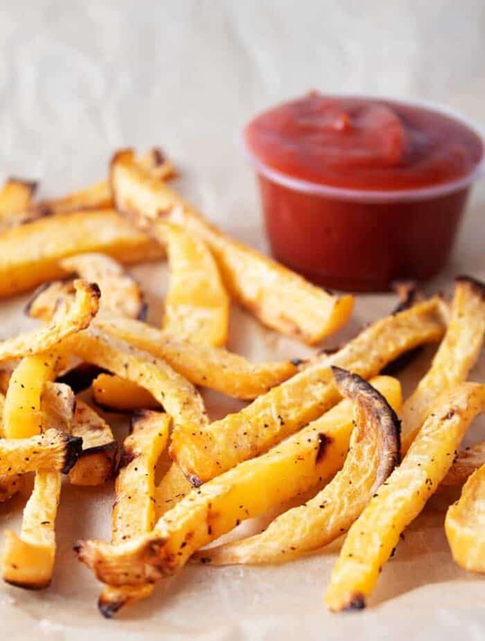keto fries in front of tub of ketchup