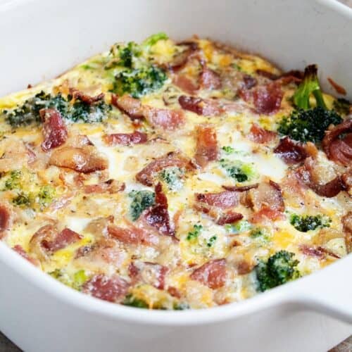 closeup of white casserole dish containing keto breakfast casserole fully baked