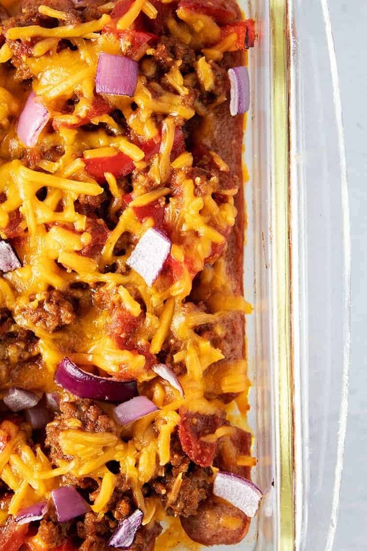 vertical overhead shot of keto chili dog casserole