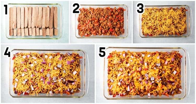 overhead view of 5 steps how to make keto chili dog casserole recipe