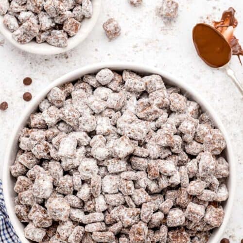 overhead view of large bowl of keto nutella puppy chow