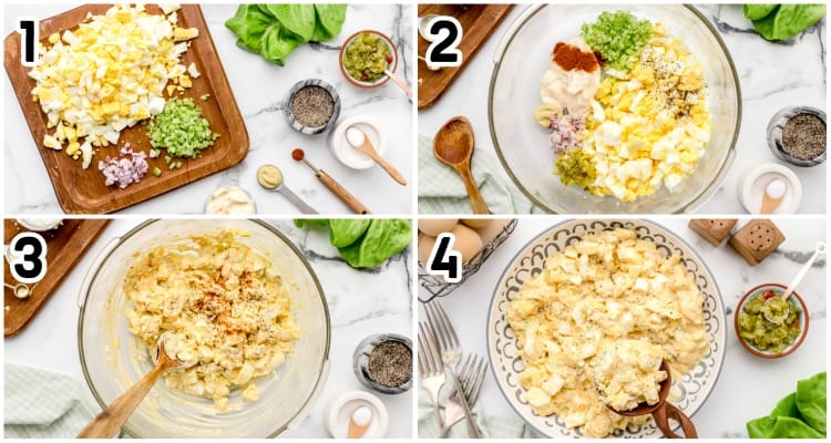 four process photos showing how to make keto egg salad recipe