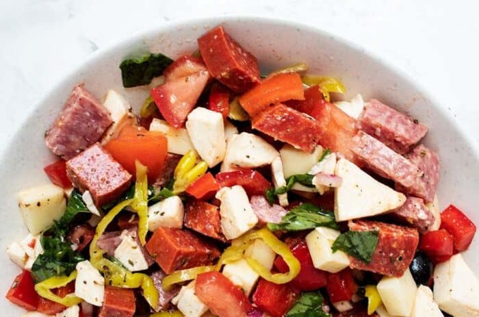 closeup of keto anitpasto salad served in a salad bowl