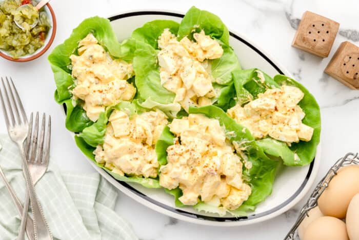 overhead view of bibb lettuce with keto low carb egg salad inside