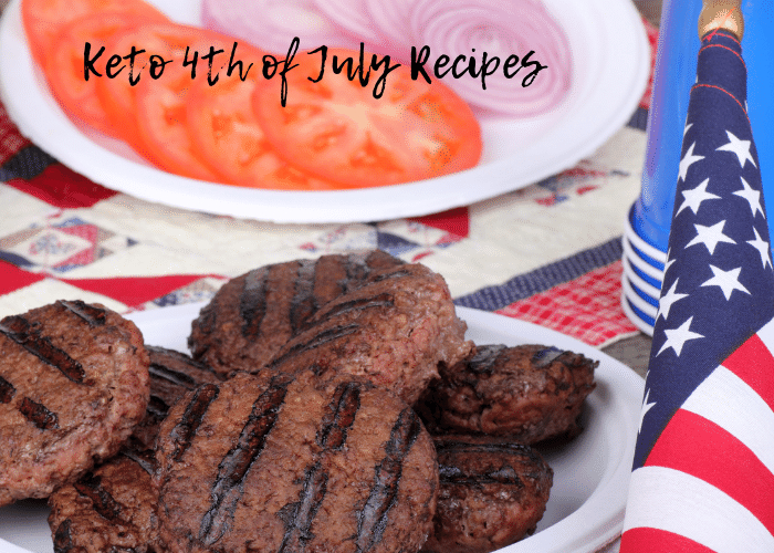 keto 4th of July recipes with burgers on a white plate next to American flag 