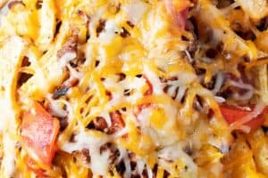 overhead view of keto chili cheese fries with melted cheese