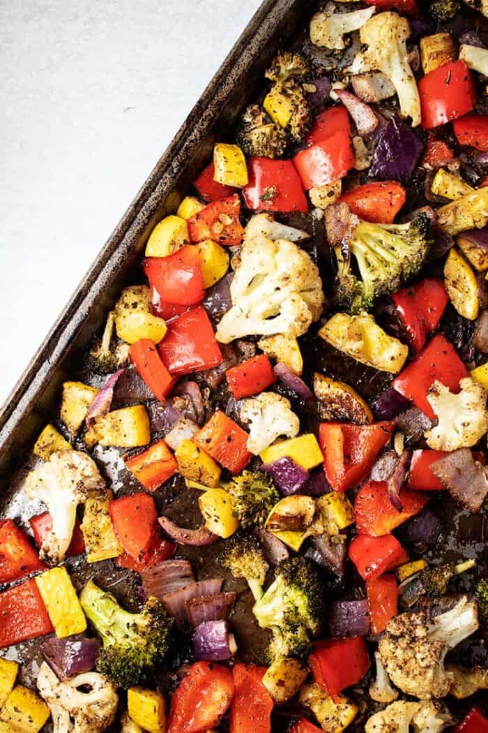 keto roasted vegetables on an angled baking sheet