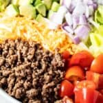 closeup of large white bowl of keto taco salad