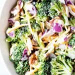 overhead view of keto broccoli salad in a white serving bowl