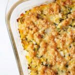 overhead view of keto zucchini casserole in glass casserole dish ready to be served