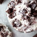 overhead view of serving bowl of keto brownie cheesecake fluff ready to serve
