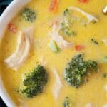 overhead view of a white serving bowl of low carb keto broccoli and cheese soup with chicken