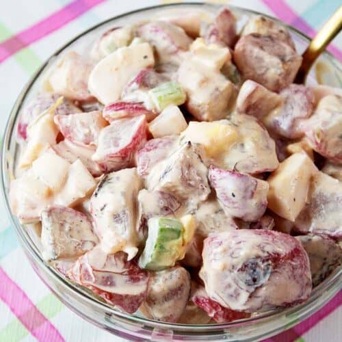 overhead view of keto potato salad in a bowl ready to serve