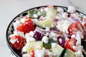 sideview of cottage cheese salad in a small side dish bowl ready to be served
