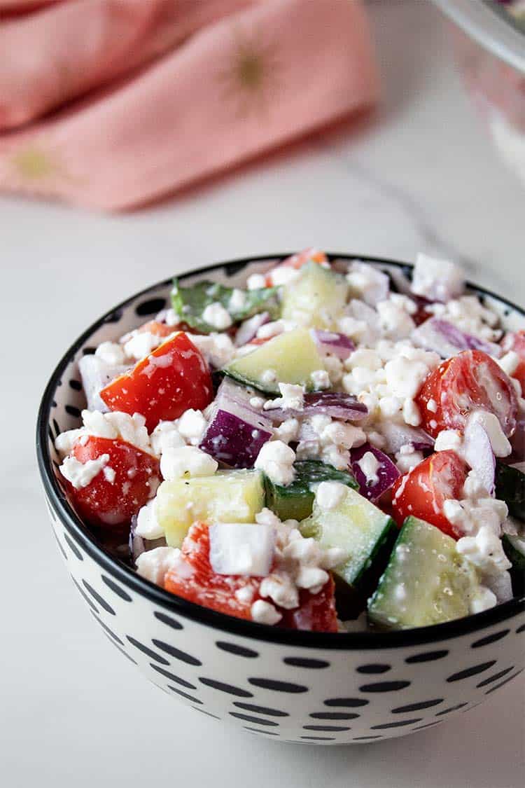 SideView of Cottage Cheese Salad in a small secondary trail ready to be served
