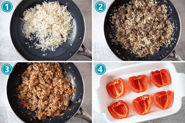 overhead view of the first four steps showing how to make stuffed sausage peppers
