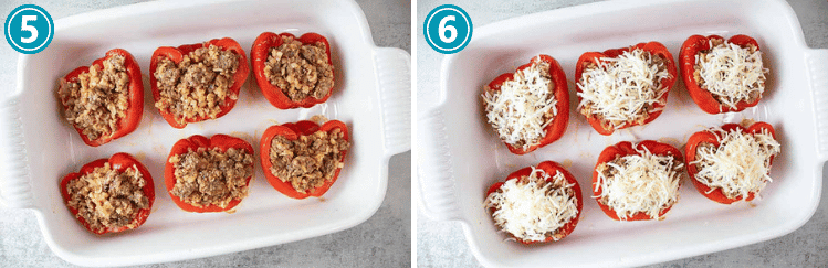 steps five and six showing how to make sausage stuffed peppers